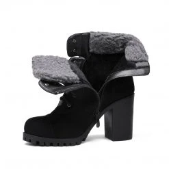 DREAM PAIRS Chunky High Heel Fur Lined Ankle Boots