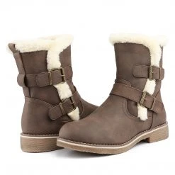 DREAM PAIRS Black Leather Mid Calf Strap Up Wide Boots