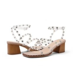 DREAM PAIRS Women's Chunky Clear Rhinestone Strappy Heels